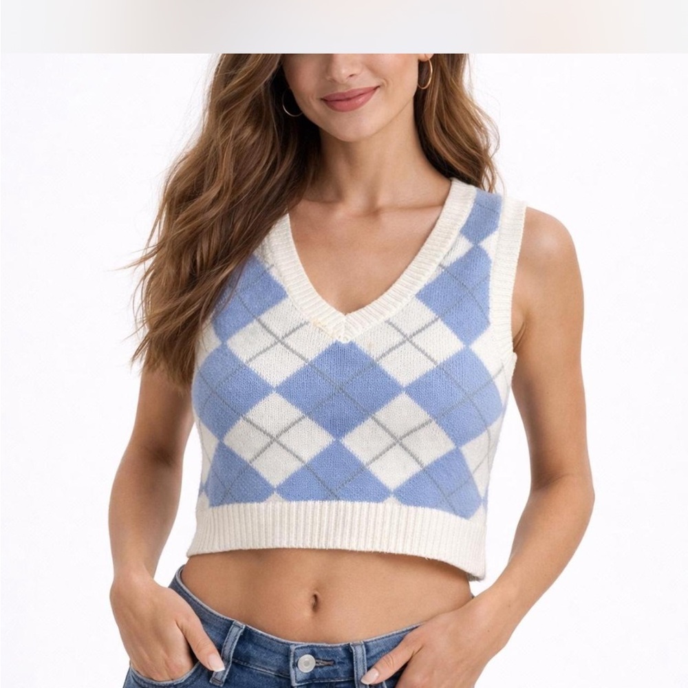 Hollister Y2K Women's V-Neck Argyle Cropped Sweater Vest in Blue White Sz Small